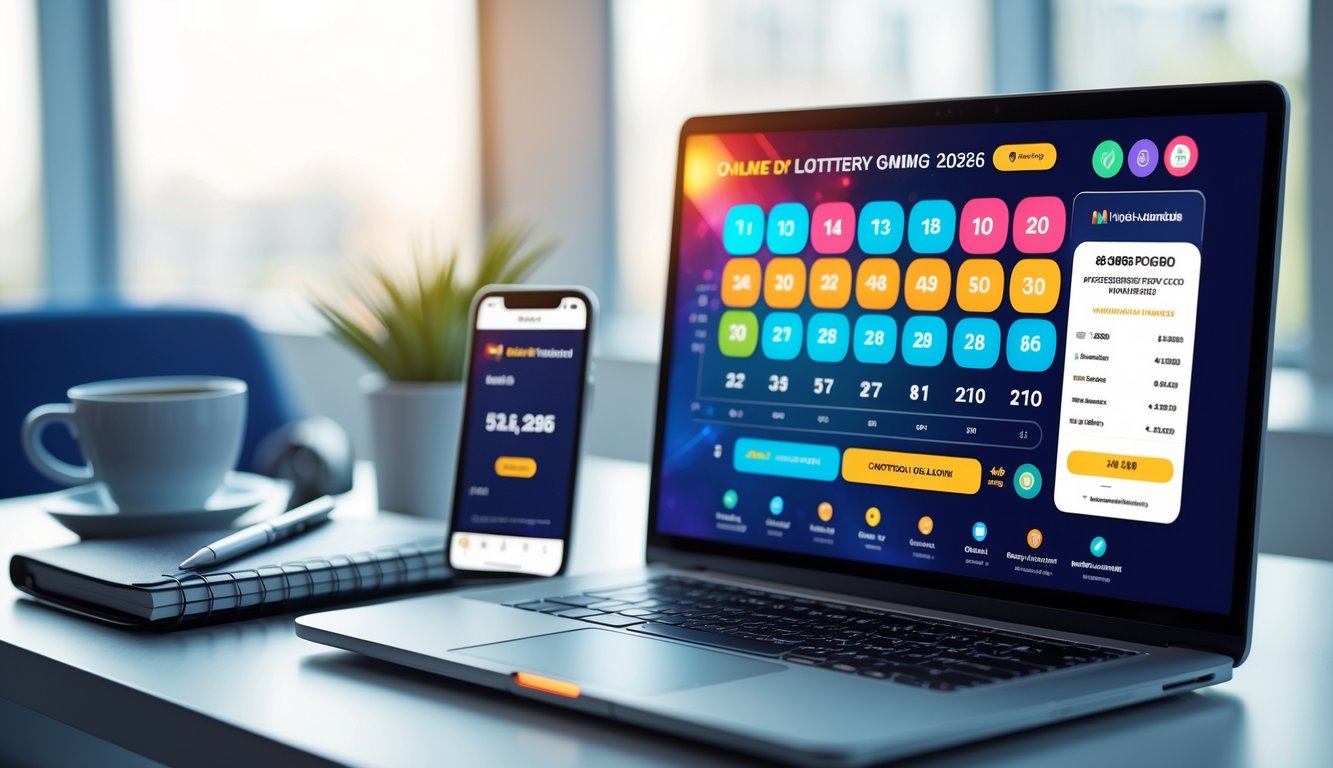 Seorang profesional menggunakan laptop dan ponsel di meja kerja yang rapi dengan layar menampilkan antarmuka permainan lotere online dan konfirmasi pembayaran.