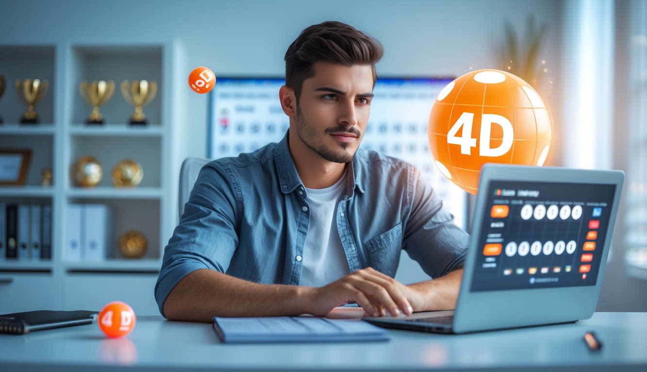 Seorang pria muda duduk di meja dengan laptop, fokus pada layar yang menampilkan antarmuka prediksi angka lotre digital, di ruangan kantor rumah yang terang dan rapi.