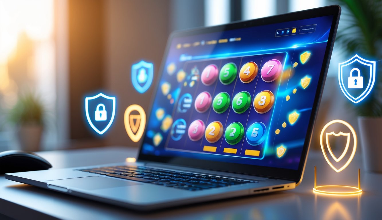 Seorang pengguna sedang melihat layar komputer yang menampilkan antarmuka permainan lotre online dengan simbol keamanan di sekitarnya.