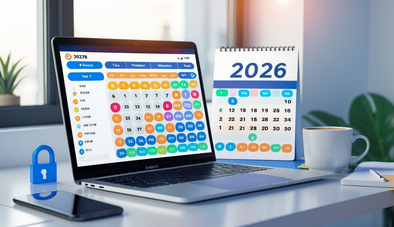 Seorang pria duduk di depan komputer dengan antarmuka angka togel 4D di layar, di meja terdapat cangkir kopi dan ponsel, suasana terang dan fokus.