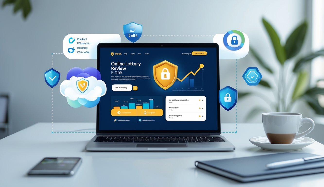 Meja kerja modern dengan laptop yang menampilkan antarmuka situs togel online, dikelilingi oleh simbol keamanan dan alat tulis, menunjukkan suasana kerja yang profesional dan terpercaya.