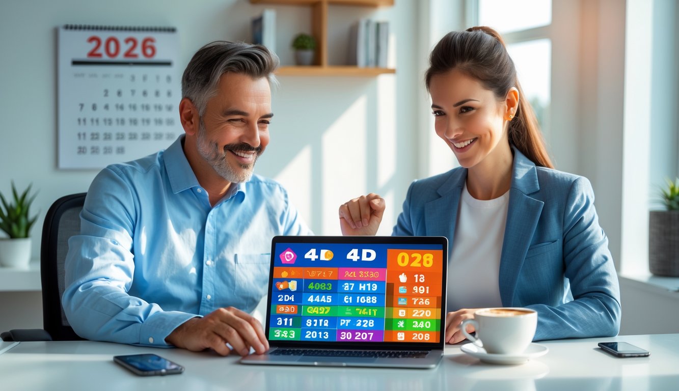 Seorang pria dan wanita duduk di meja kerja dengan laptop, fokus pada layar yang menampilkan angka dan grafik, suasana cerah dan rapi di ruang kerja rumah.