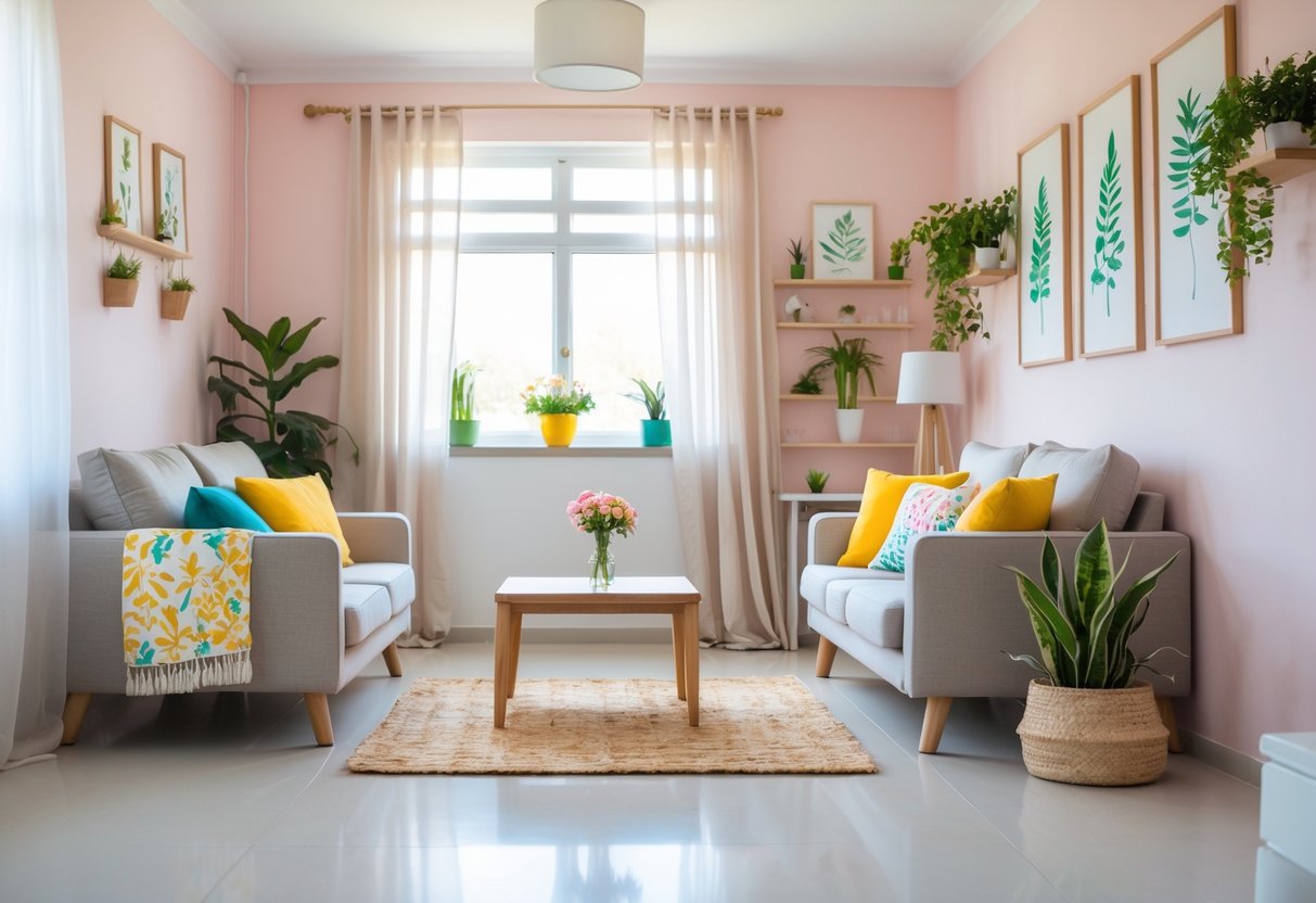 A bright living room with a sofa, coffee table, indoor plants, and framed pictures on the walls.