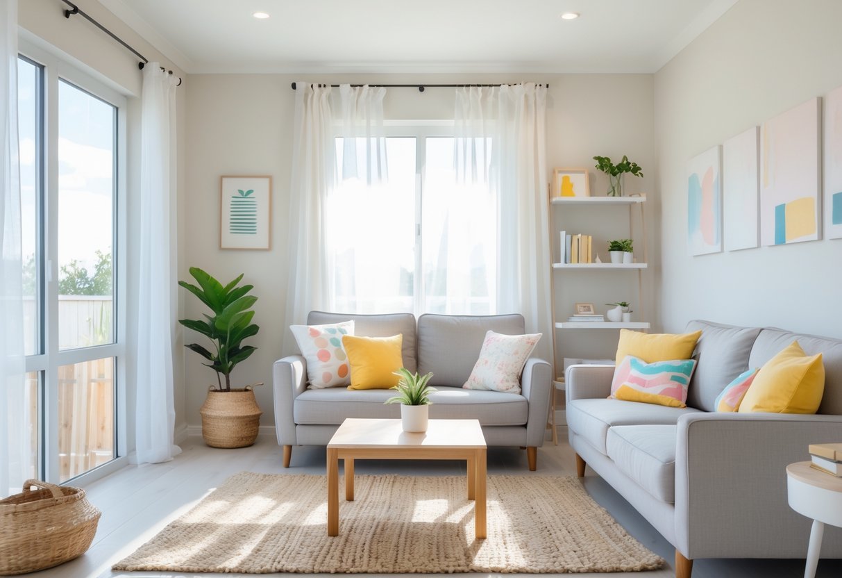 A bright living room with a cozy sofa, wooden coffee table, potted plant, and natural light coming through large windows.