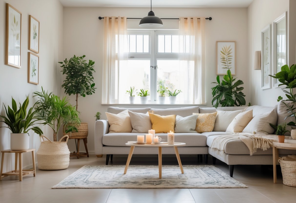 A cozy living room with neutral walls, plants, cushions on a sofa, and natural light coming through windows.