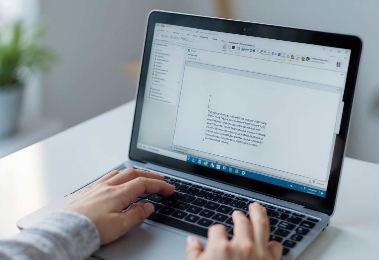 Hands using a laptop keyboard with a document open on the screen, demonstrating how to paste content.