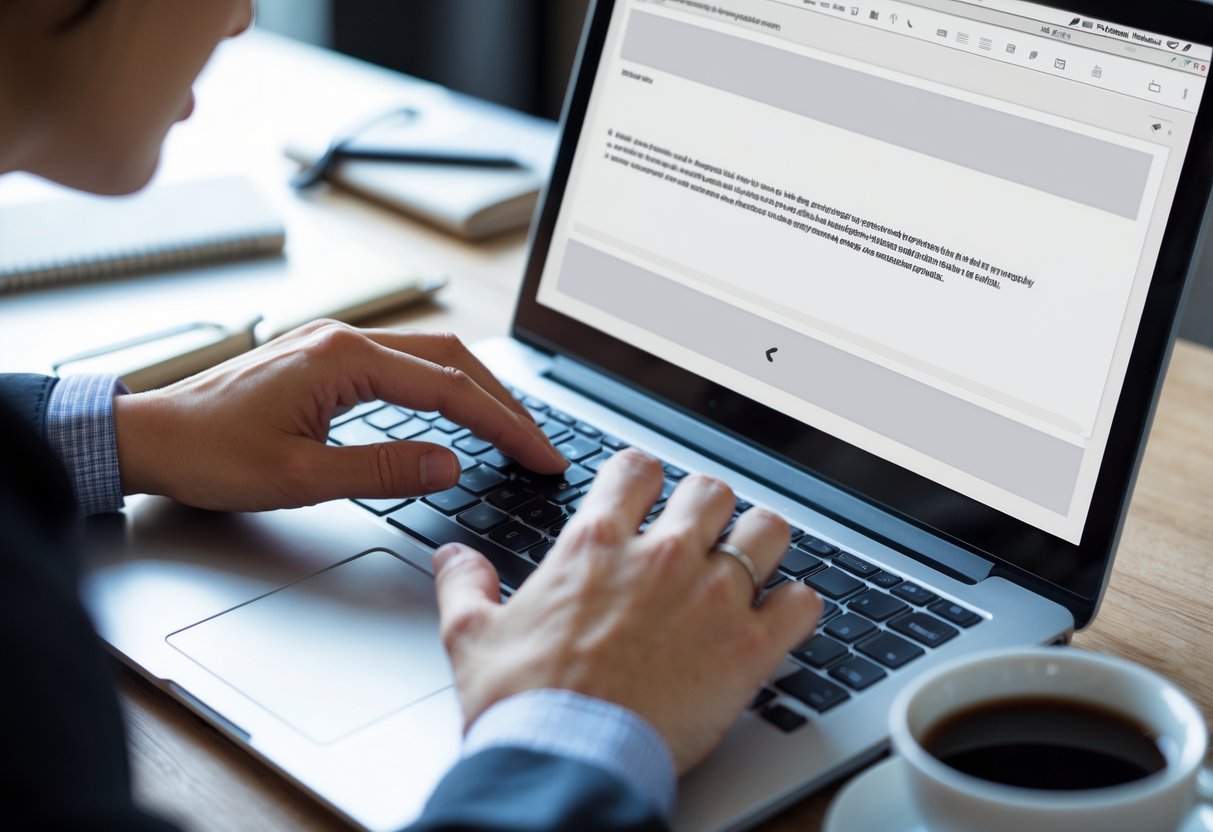 Close-up of hands pressing keys on a laptop keyboard to paste text, with a document open on the screen.