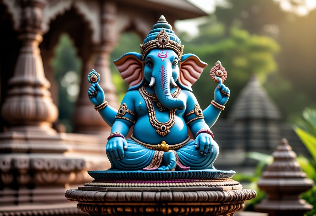 Eine detaillierte Statue von Ganesha, dem hinduistischen Elefantengott, sitzend auf einem dekorativen Sockel in einer friedlichen Umgebung.