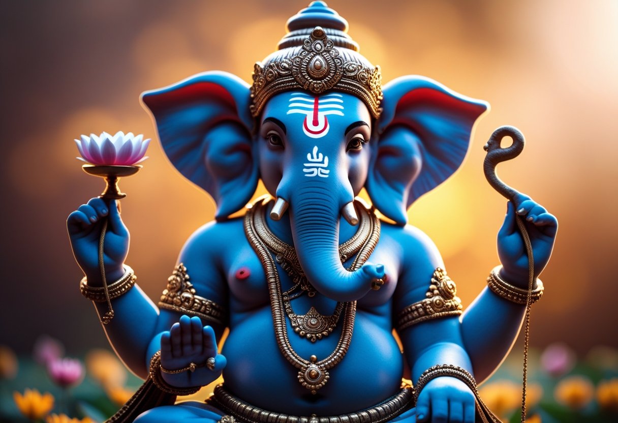 Eine detaillierte Darstellung von Ganesha mit Elefantenkopf und mehreren Armen, die traditionelle Gegenstände hält, vor einem warmen, goldenen Hintergrund.