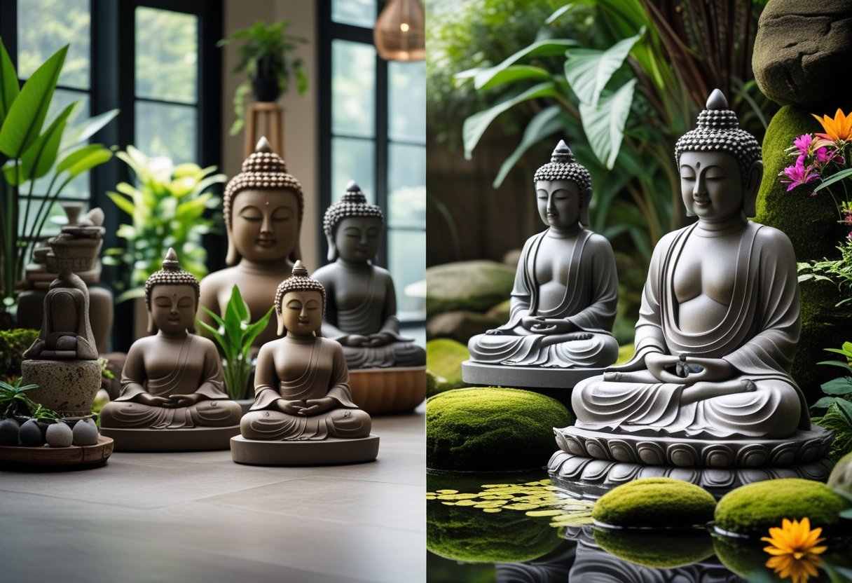 Mehrere Buddhafiguren in einem Innenraum mit Pflanzen und einem Garten mit Wasser und Blumen.