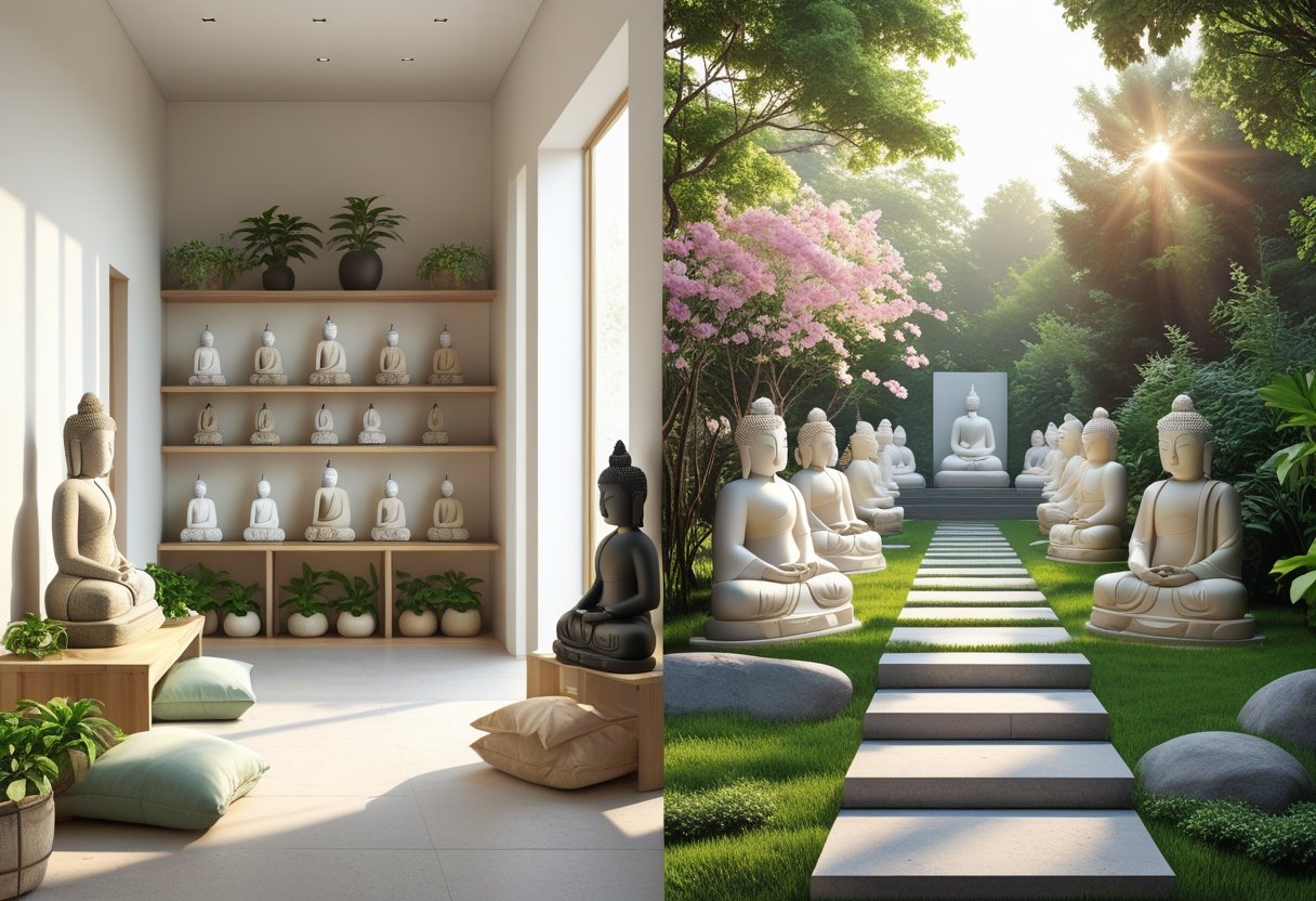 Verschiedene Buddha-Figuren in einem hellen Innenraum und einem grünen Garten im Freien.