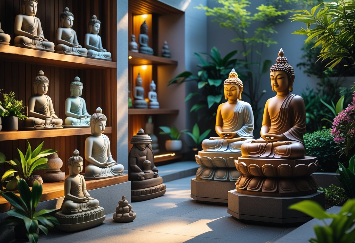 Mehrere Buddha-Figuren aus verschiedenen Materialien stehen drinnen und draußen in einer ruhigen Umgebung mit Pflanzen und natürlichem Licht.