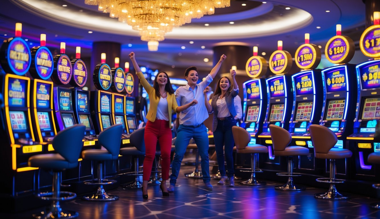 Area mesin slot di kasino dengan beberapa pemain yang sedang bermain dan merayakan kemenangan besar.