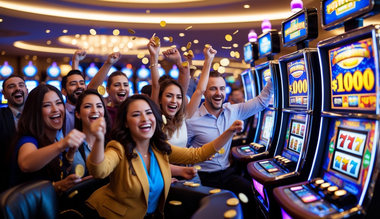 Area mesin slot di kasino dengan pemain yang sedang merayakan kemenangan dan suasana yang hidup.