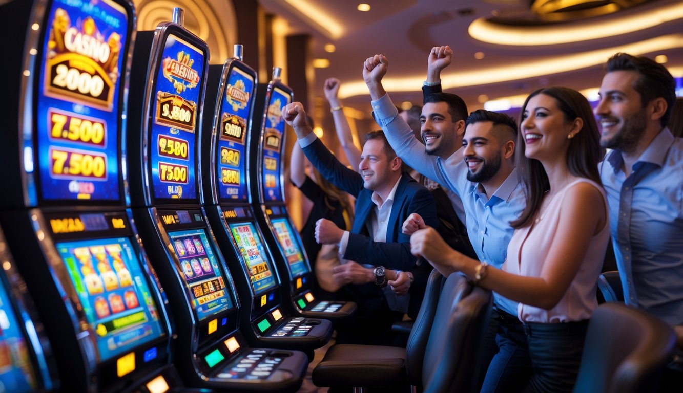 Orang-orang sedang bermain mesin slot di kasino dengan ekspresi senang dan lingkungan yang terang dan mewah.