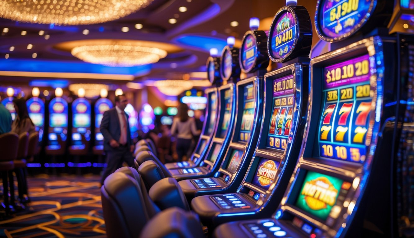 Suasana kasino dengan deretan mesin slot modern yang menyala dan orang-orang menikmati permainan.