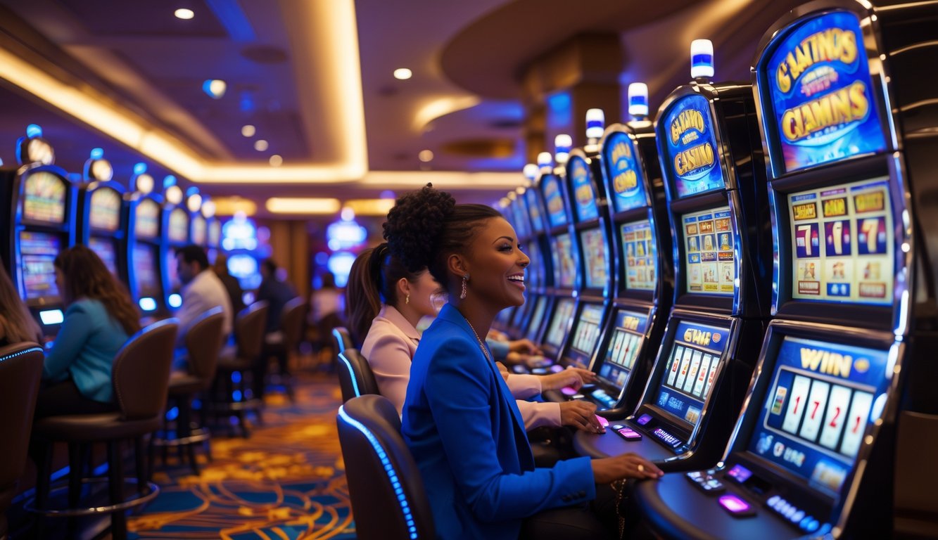 Orang-orang sedang bermain mesin slot di kasino dengan suasana cerah dan menyenangkan.