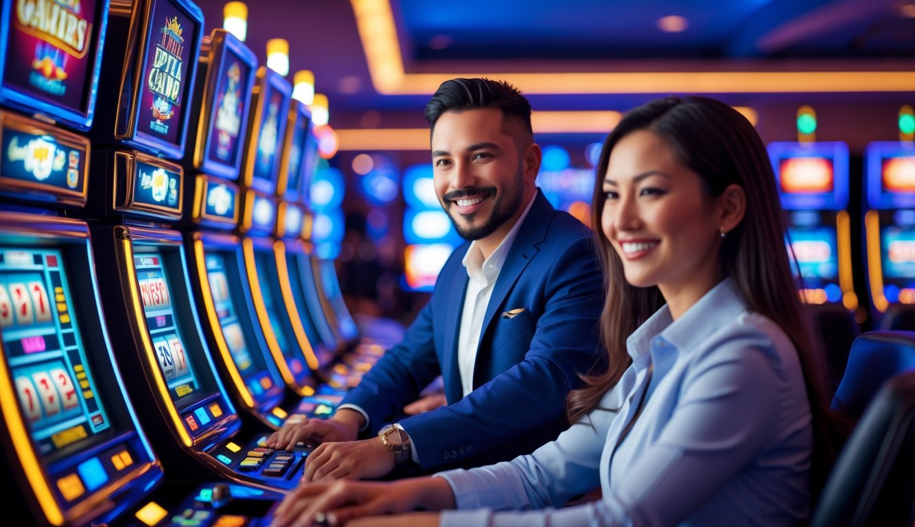 Dua orang dewasa tersenyum bermain mesin slot di kasino modern dengan lampu warna-warni dan suasana yang hidup.