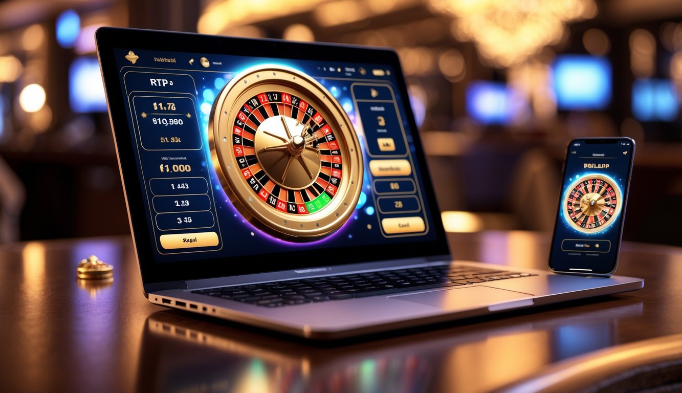 Tampilan permainan roulette online dengan roda roulette berwarna emas yang berputar di layar laptop dan ponsel di atas meja kayu.