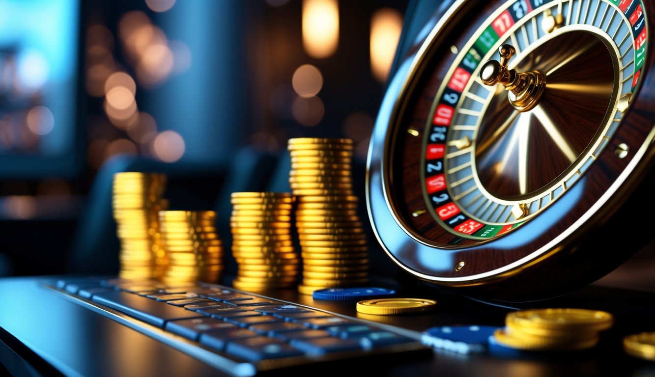 Tampilan layar komputer dengan permainan roulette emas online yang sedang berputar di ruangan bergaya modern dan pencahayaan redup.