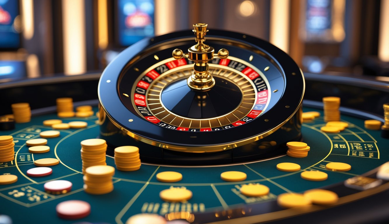 Tampilan roda roulette digital berwarna emas yang sedang berputar di antarmuka kasino online dengan chip dan latar belakang berwarna emas.