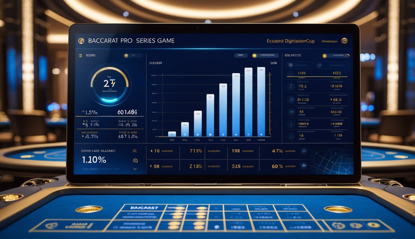 Dashboard digital modern yang menampilkan statistik lengkap dan akurat untuk permainan Baccarat di lingkungan kasino mewah.