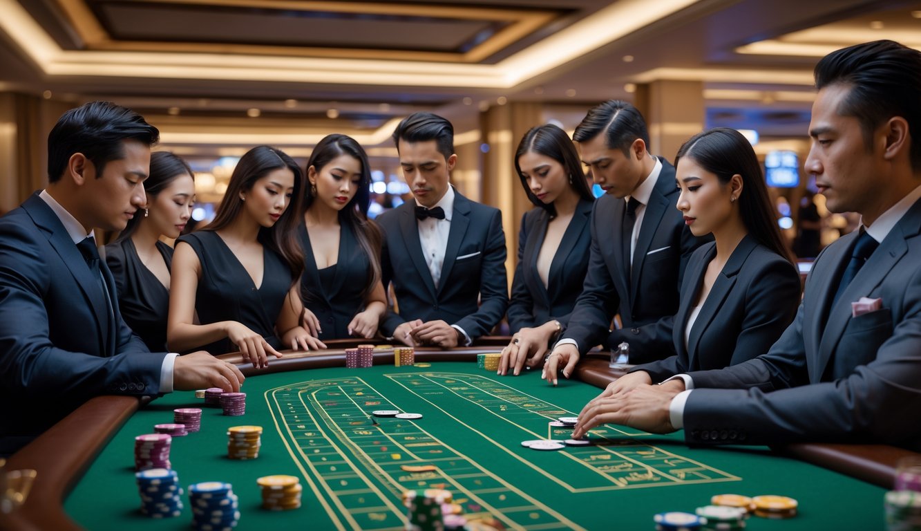 Sejumlah pemain profesional bermain baccarat di meja kasino yang elegan dan modern.