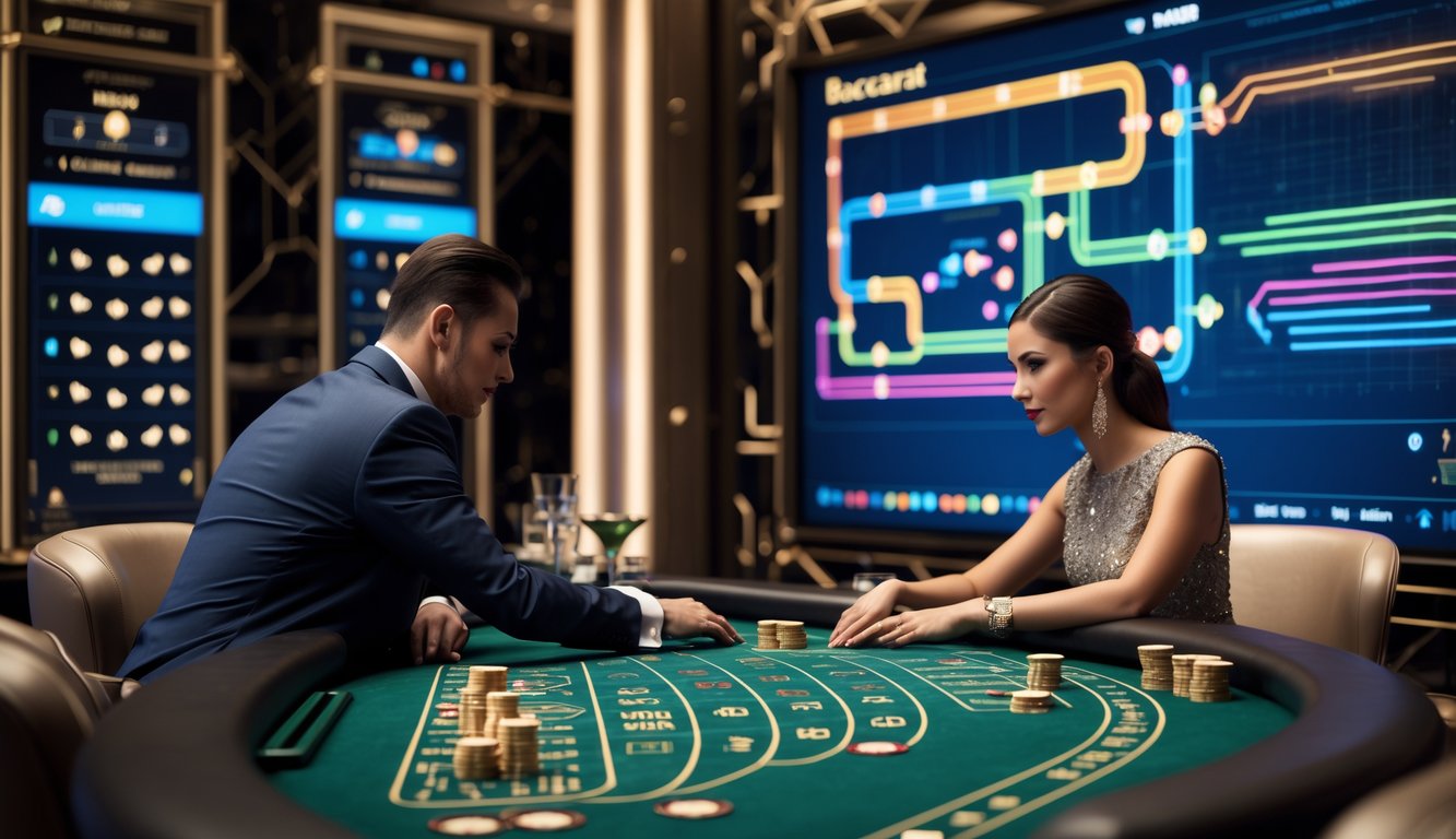 Dua orang bermain Baccarat di meja kasino dengan layar besar menampilkan diagram strategi di latar belakang.