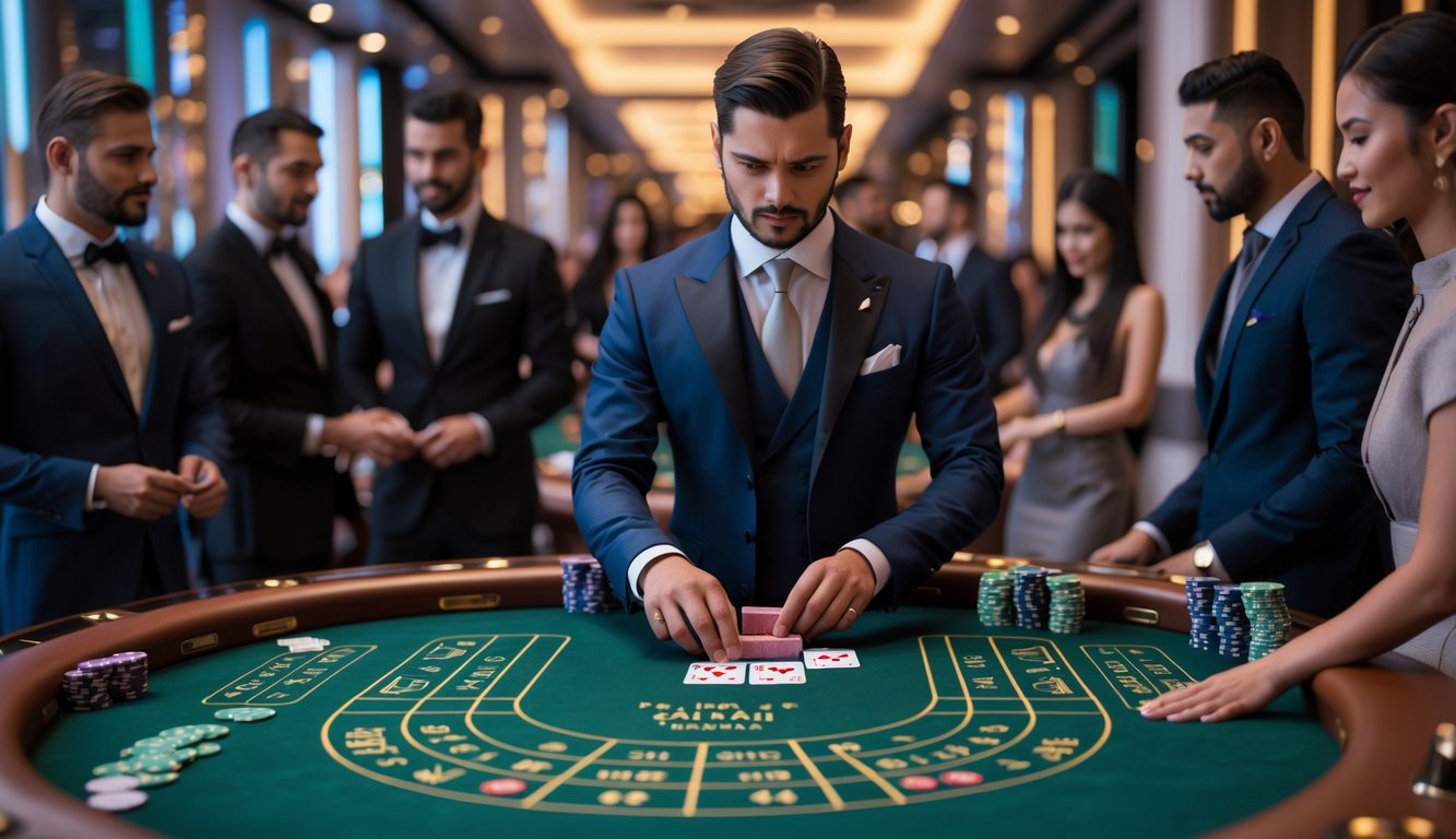 Suasana permainan Judi Baccarat Pro Series dengan dealer profesional dan pemain di sekitar meja baccarat.