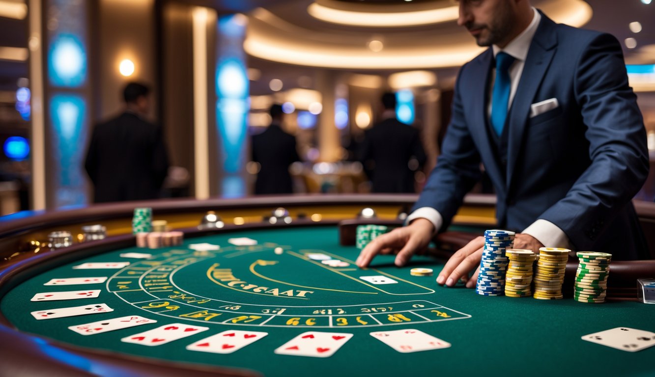 Meja baccarat di kasino dengan dealer yang sedang membagikan kartu dan chip di atas meja hijau, dengan latar belakang pemain yang mengamati permainan.