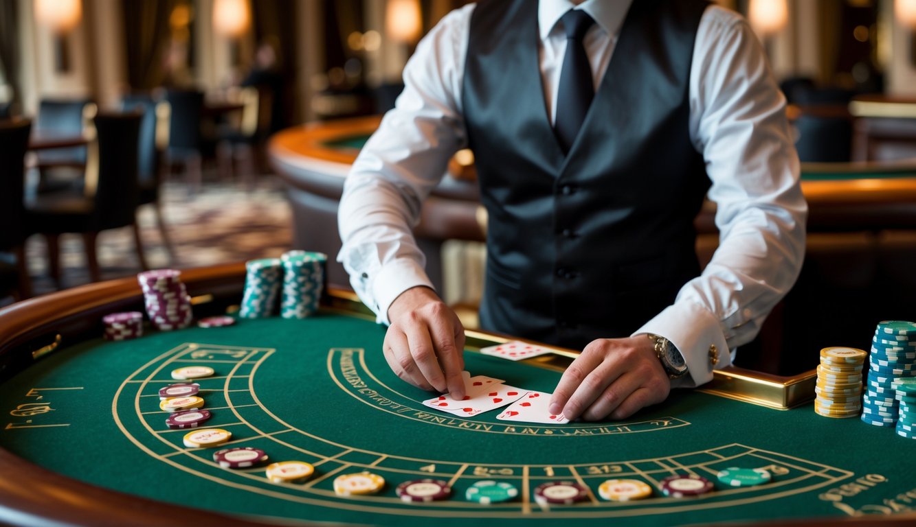 Meja permainan baccarat dengan dealer yang sedang membagikan kartu di kasino mewah.