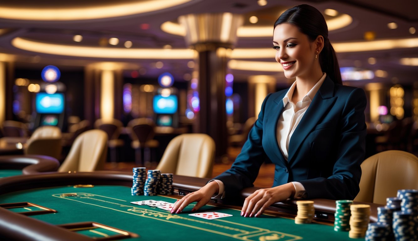 Seorang dealer wanita profesional sedang membagikan kartu di meja baccarat di dalam kasino mewah.