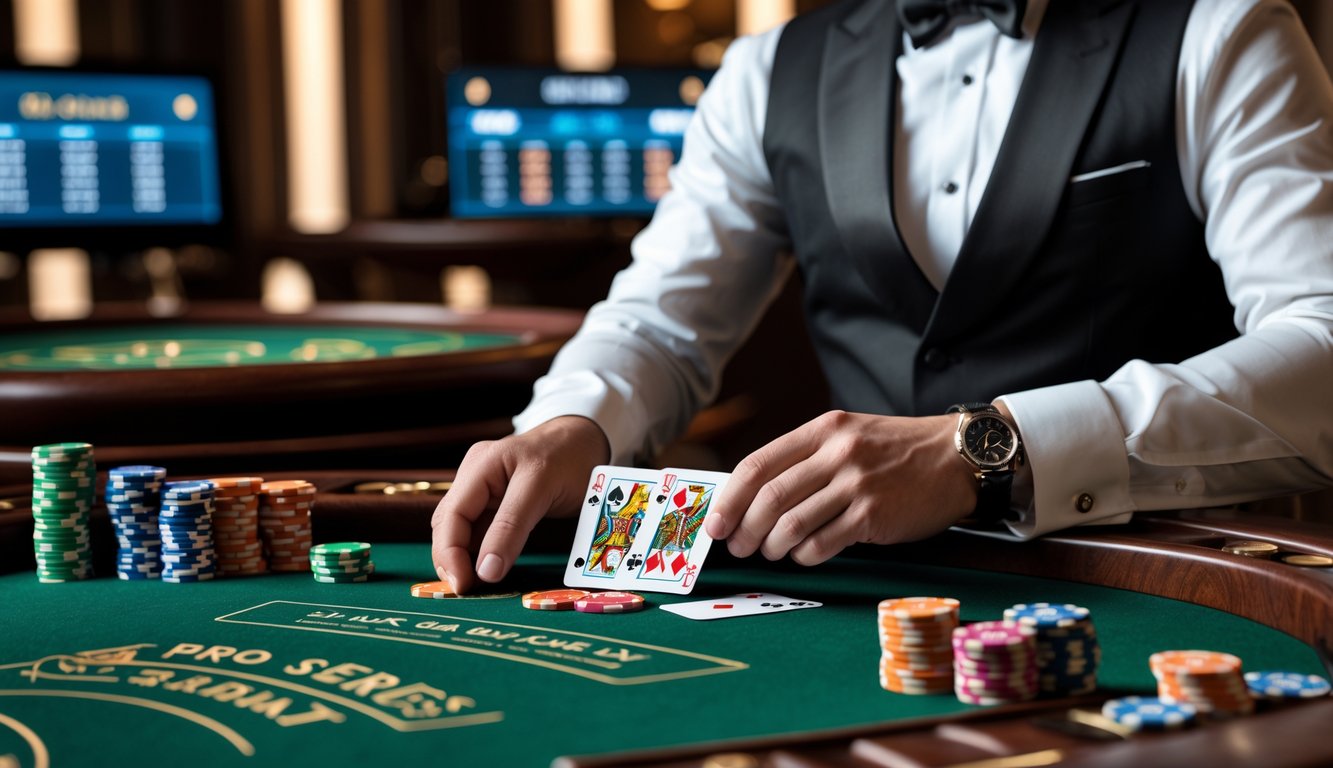 Meja baccarat mewah dengan dealer yang sedang membagikan kartu, tumpukan chip warna-warni, dan layar digital di latar belakang yang menunjukkan statistik permainan.