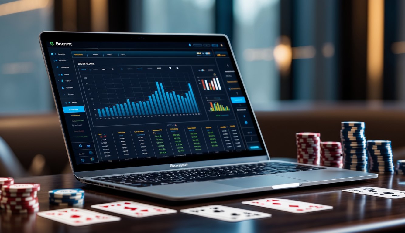 Seorang pemain menggunakan laptop dengan tampilan permainan baccarat dan grafik analisis di meja kayu dengan kartu dan chip baccarat.