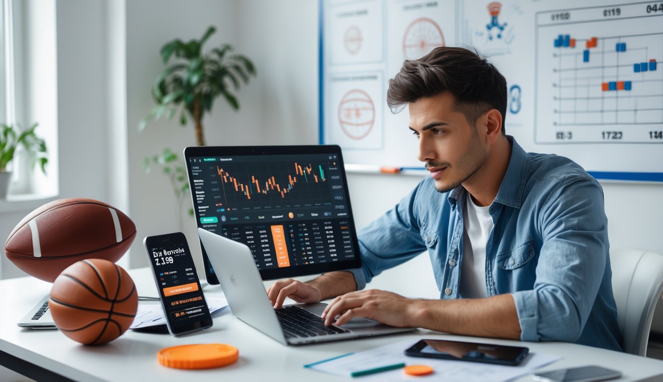 Seorang pria muda duduk di meja dengan laptop dan alat olahraga, fokus pada layar yang menampilkan statistik taruhan olahraga.