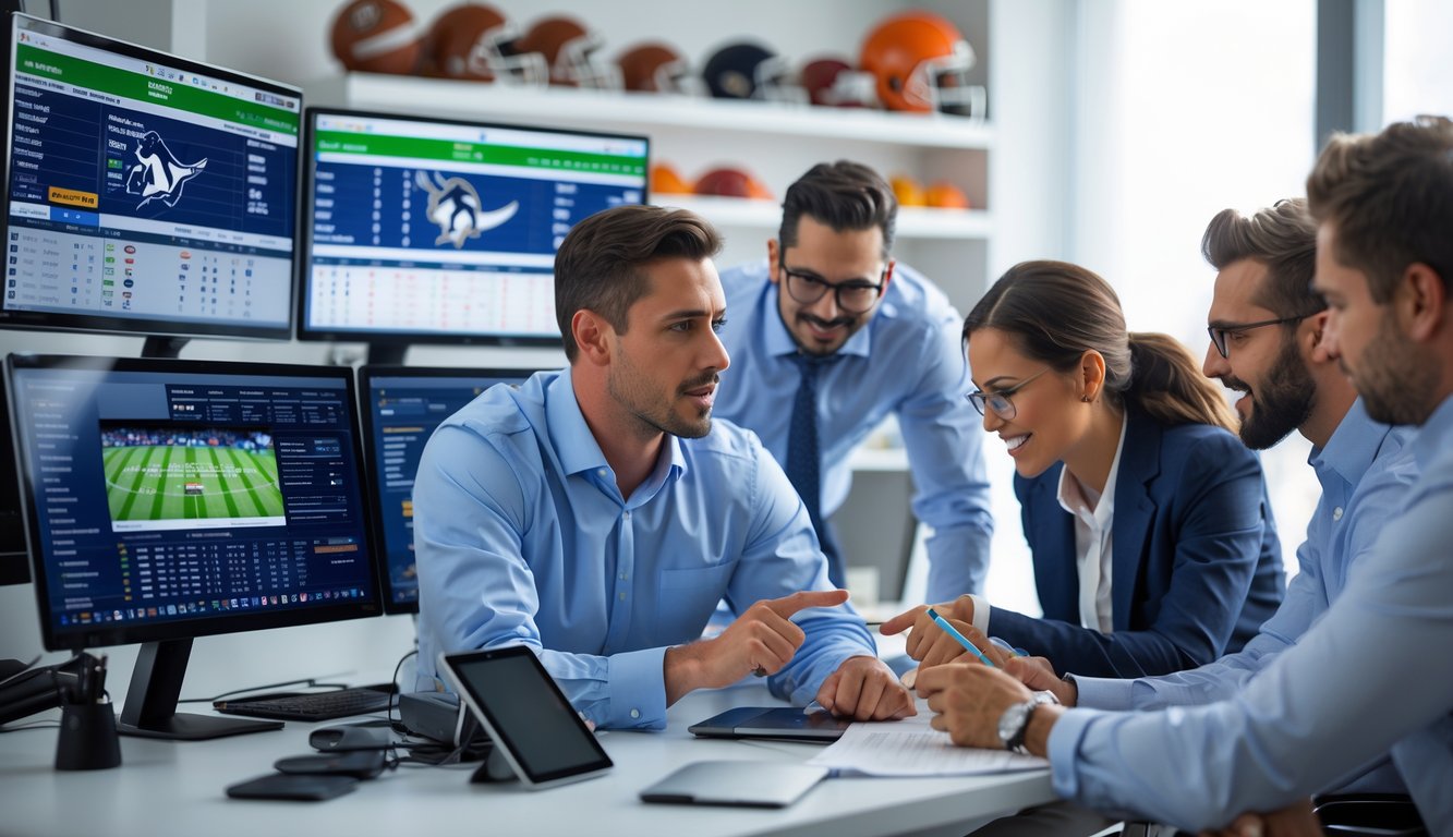 Seorang analis olahraga sedang bekerja di meja kantor dengan beberapa monitor menampilkan statistik dan pertandingan olahraga, bersama beberapa orang yang berdiskusi dan mencatat.