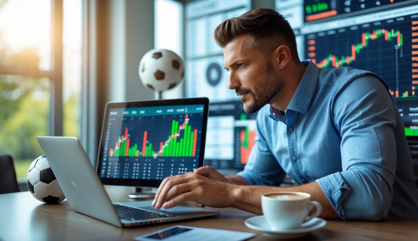 Seorang pria fokus menggunakan laptop di kantor modern dengan bola sepak dan layar grafik statistik taruhan olahraga di sekitarnya.