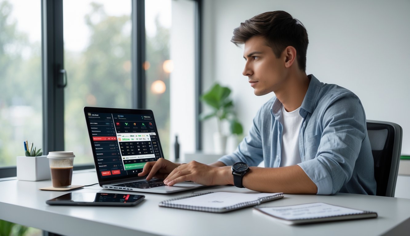 Seseorang duduk di depan laptop di meja kerja dengan layar menampilkan statistik olahraga, tampak fokus dan serius.