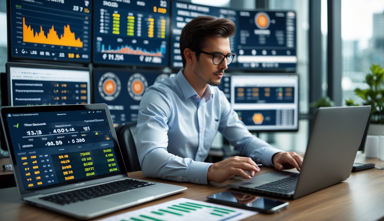 Seseorang sedang menganalisis data taruhan olahraga menggunakan beberapa perangkat digital di kantor modern.