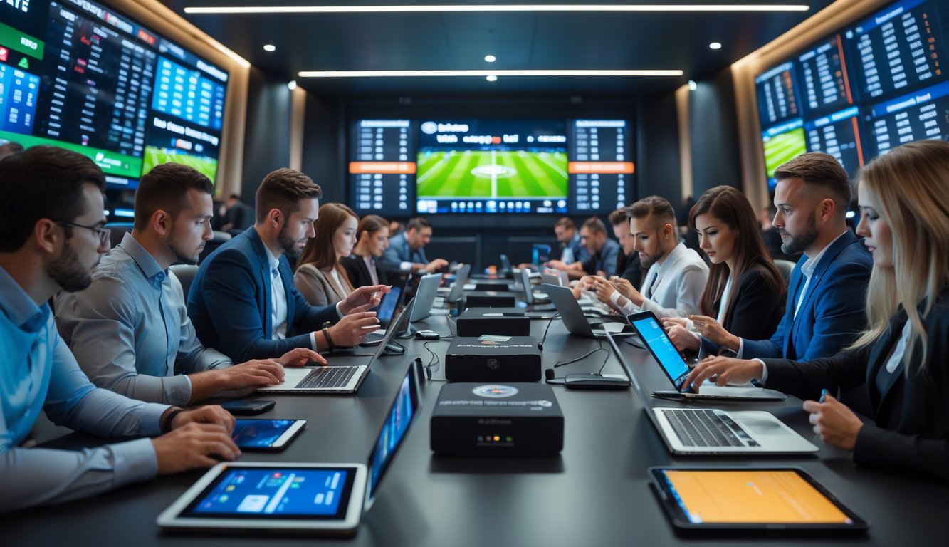 Beberapa orang sedang menggunakan perangkat digital untuk bertaruh olahraga secara langsung di ruangan dengan layar besar menampilkan pertandingan olahraga.