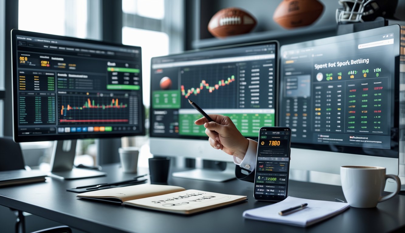 Seorang pria di meja kerja modern sedang menganalisis data dan statistik taruhan olahraga pada beberapa layar komputer.