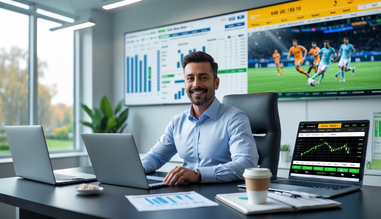 Seorang pria sedang duduk di meja kerja dengan beberapa perangkat digital menampilkan statistik dan data taruhan olahraga, di latar belakang layar besar menunjukkan pertandingan sepak bola langsung.