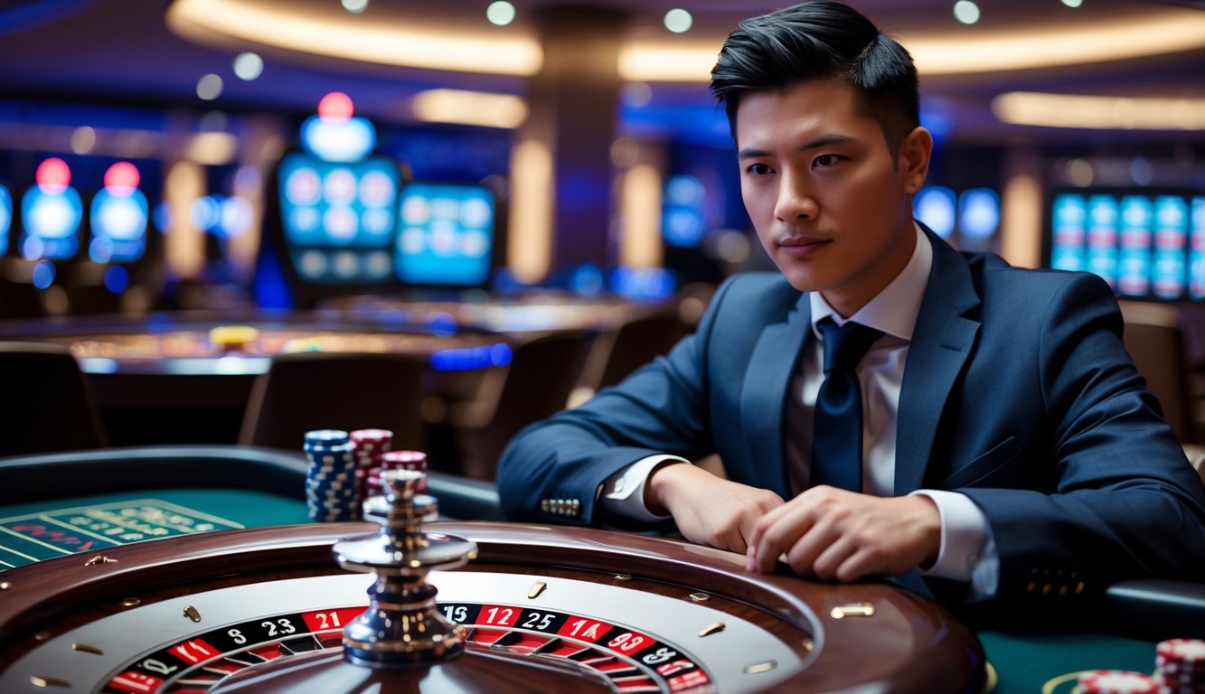 Seorang pemain muda duduk di meja roulette cepat di kasino dengan ekspresi tenang dan fokus.
