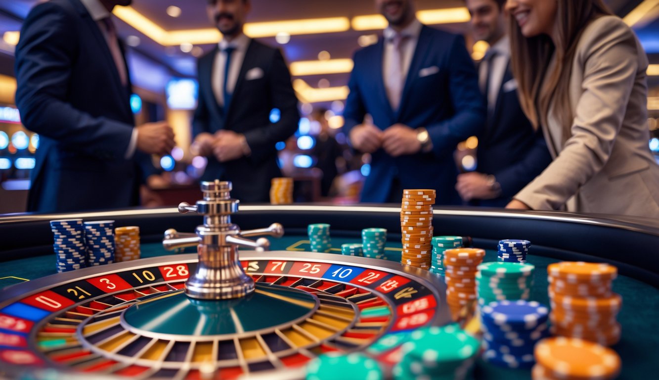 Meja roulette cepat di kasino dengan pemain yang fokus dan tumpukan chip di atas meja.