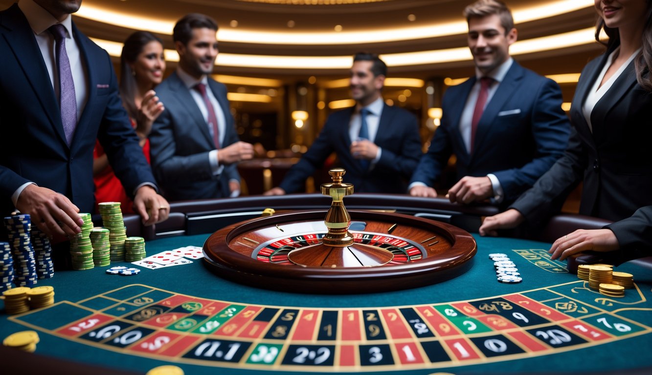 Meja roulette cepat di kasino dengan pemain yang serius dan roda roulette yang berputar.
