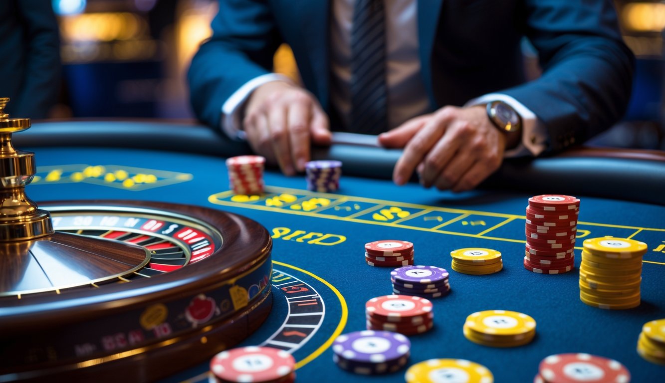 Seorang pemain judi yang berpakaian rapi sedang fokus melihat meja roulette dengan tumpukan chip taruhan di kasino.