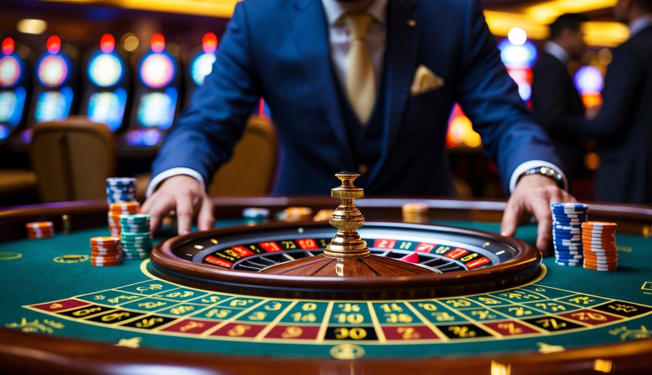Seorang pemain berjudi di meja roulette dengan fokus dan suasana kasino yang ramai di latar belakang.