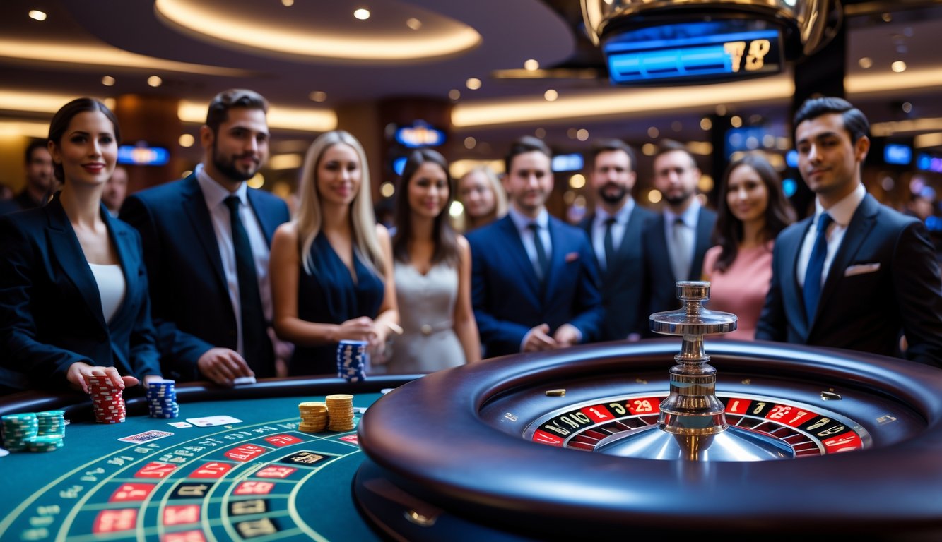 Meja kasino dengan roda roulette yang berputar cepat dan beberapa pemain yang memperhatikan permainan dengan serius.