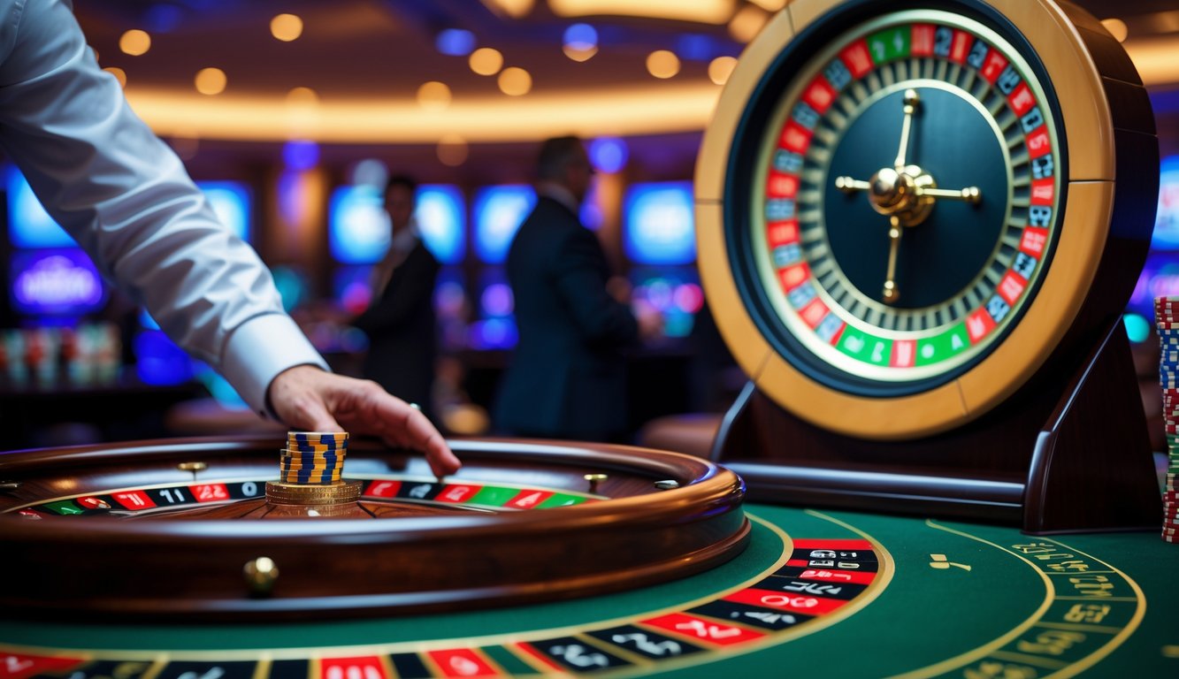 Pemandangan dekat roda roulette cepat yang berputar dengan pemain memasang chip di meja taruhan di kasino.