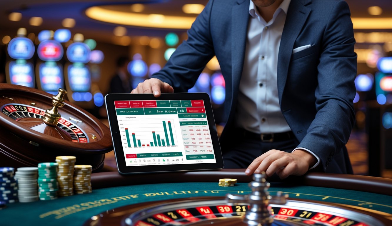 Seorang pria berpakaian rapi sedang menganalisis data di tablet di depan meja roulette yang sedang berputar cepat di kasino.